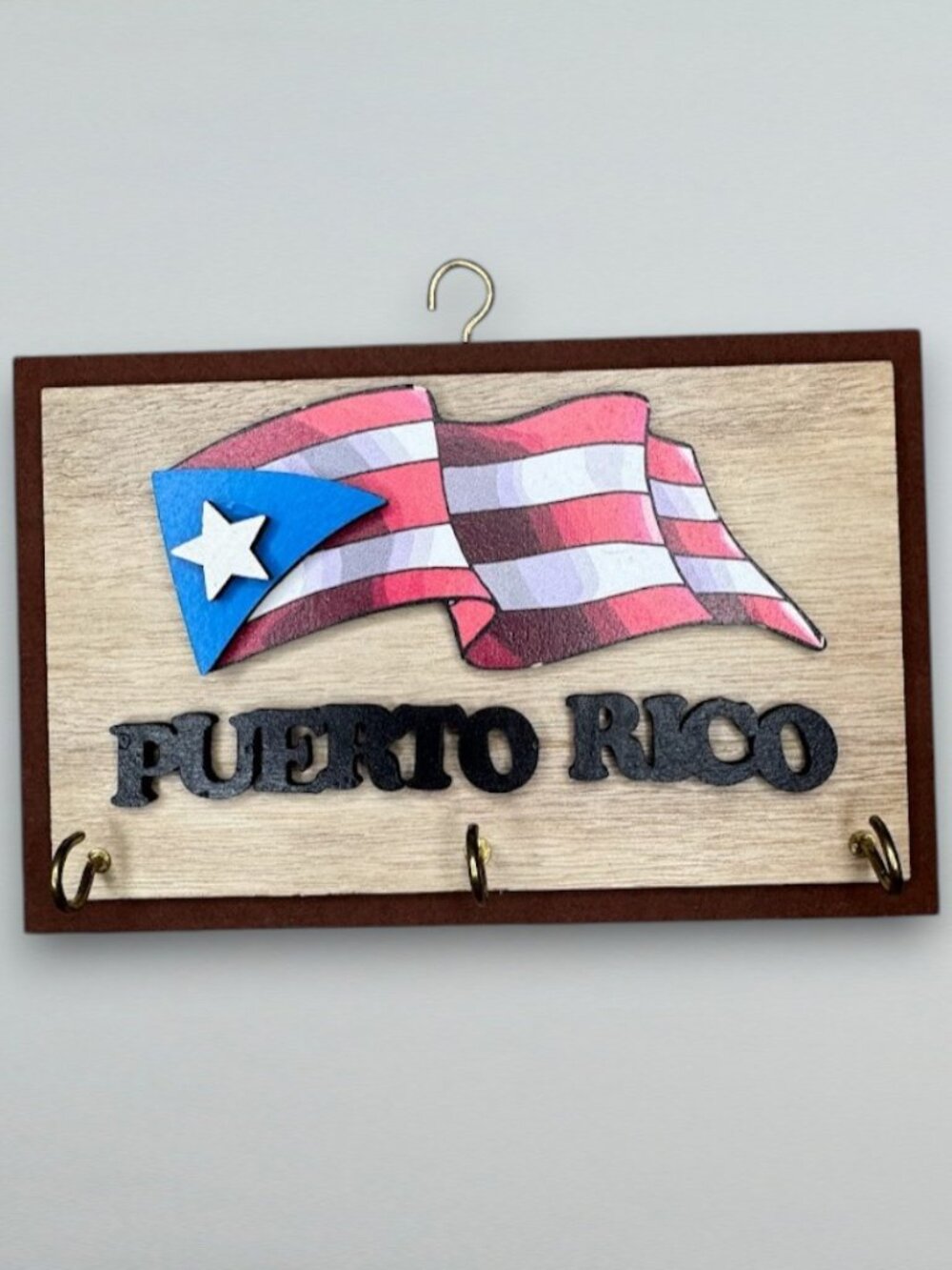 Puerto Rico Flag Wooden Key Holder Wall Hanging 3 Hooks Home Decor